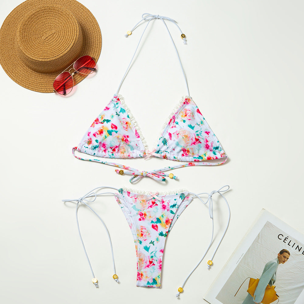 Floral Lace up Split Swimsuit Women Lace Bow High Elastic Bikini