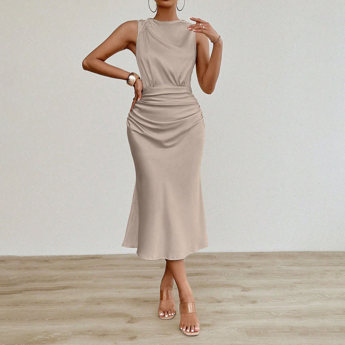 Women Clothes Summer Sexy Satin Dress Pleated Satin Midi Dress