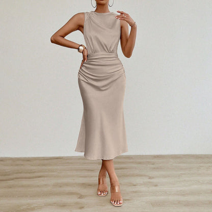 Women Clothes Summer Sexy Satin Dress Pleated Satin Midi Dress