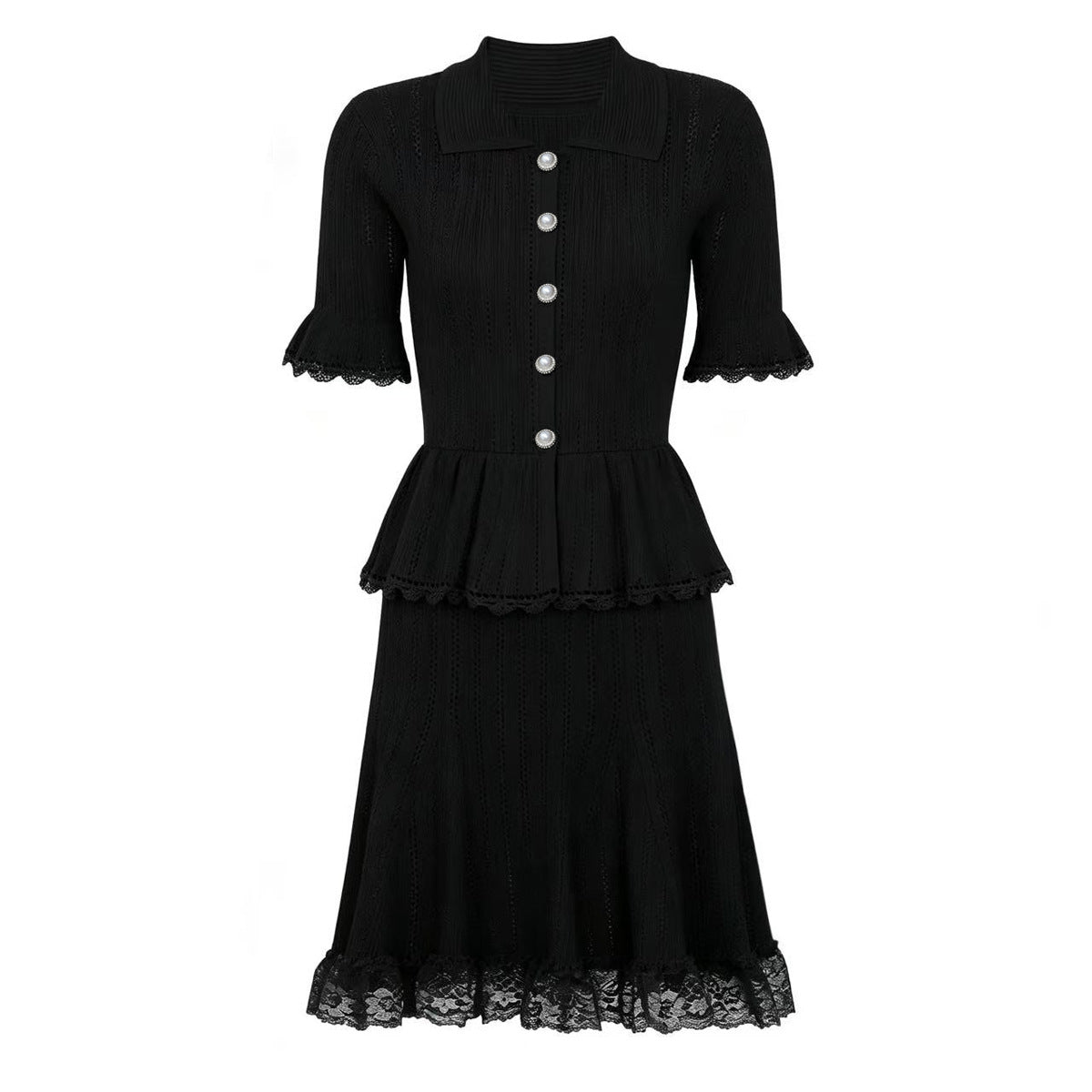 Summer Celebrity Internet Slim Fitting Slimming Fashionable Short Sleeve Collared Lace Dress