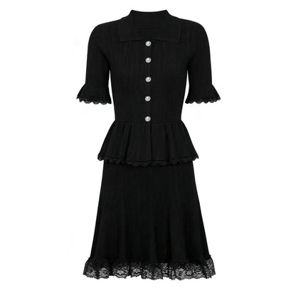 Summer Celebrity Internet Slim Fitting Slimming Fashionable Short Sleeve Collared Lace Dress