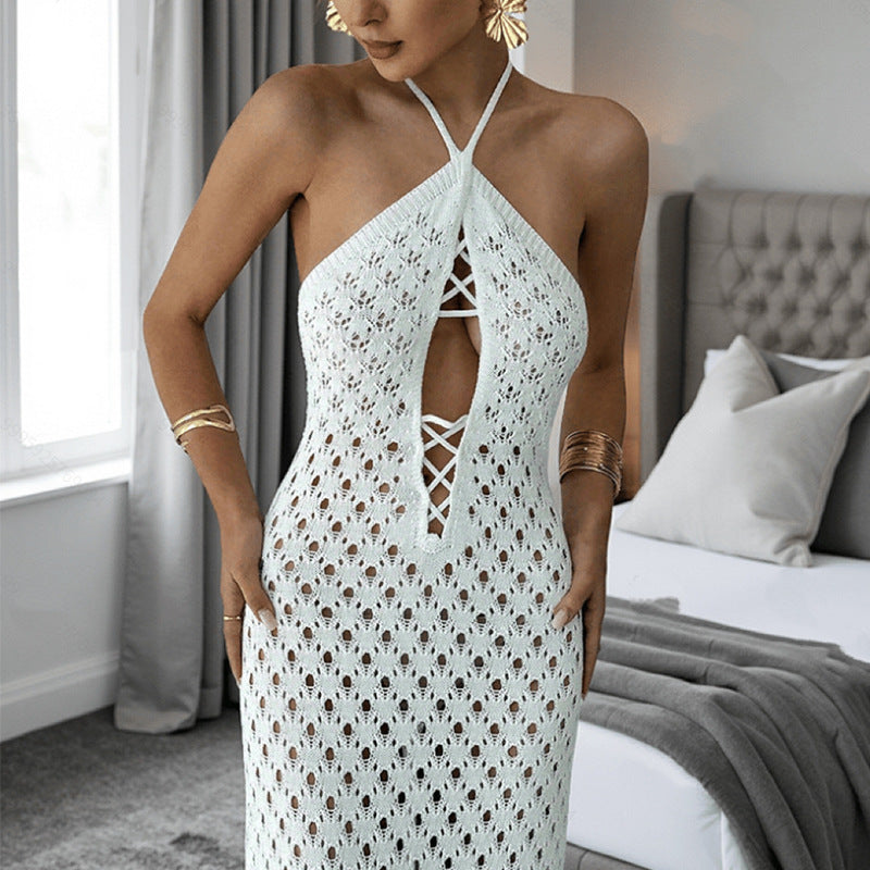 Solid Color Design Hollow Out Cutout out Knitted Dress Sleeveless Backless Lace up Beach Vacation Long Sheath Dress for Women