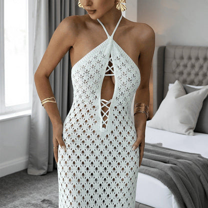 Solid Color Design Hollow Out Cutout out Knitted Dress Sleeveless Backless Lace up Beach Vacation Long Sheath Dress for Women