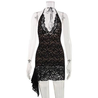 Sexy Women's Lace Fabric Low Cut Halter Sexy Slim Fit Figure Flattering Dress
