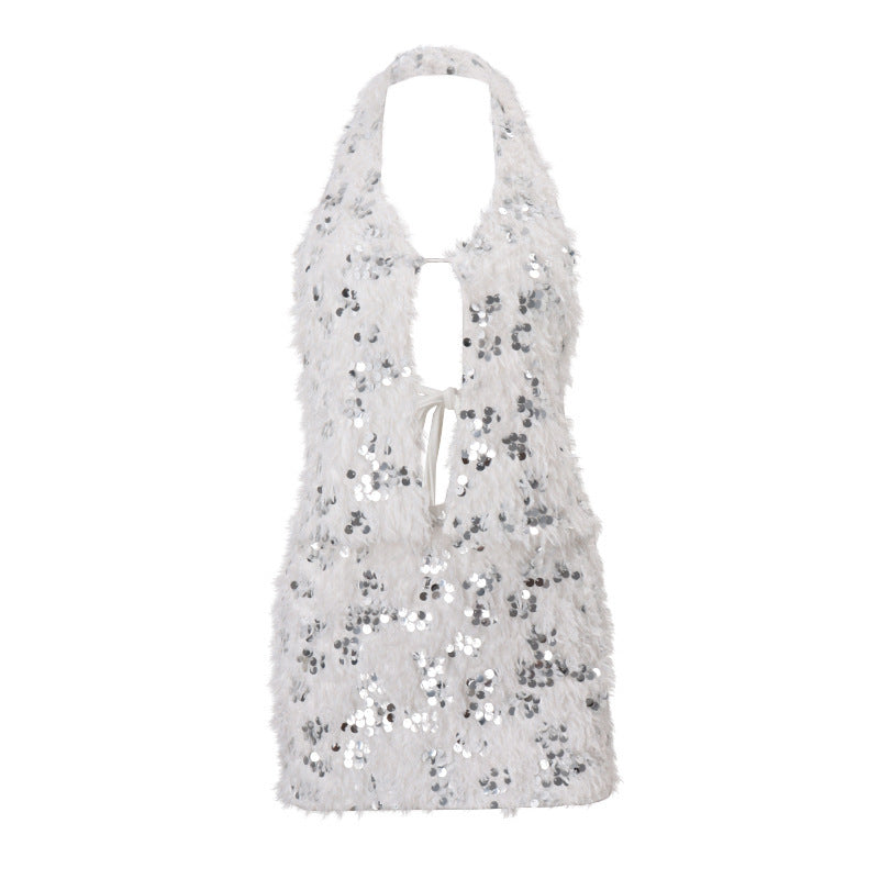 Women Clothing Nightclub Sequined Decorative Plush Sexy Backless Dress