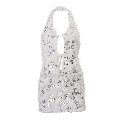 Women Clothing Nightclub Sequined Decorative Plush Sexy Backless Dress