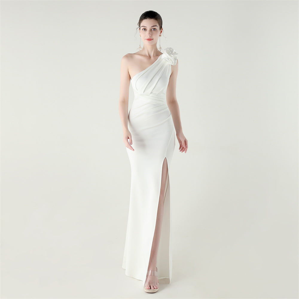One Shoulder Three Dimensional Floral Satin Folding High Slit Sexy Evening Dress Dinner Wedding Social