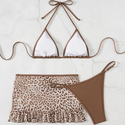 Red Wind Sexy Leopard Print Swimsuit Women Small Chest Banded Bikini Split Three Piece Set Vacation Swimwear