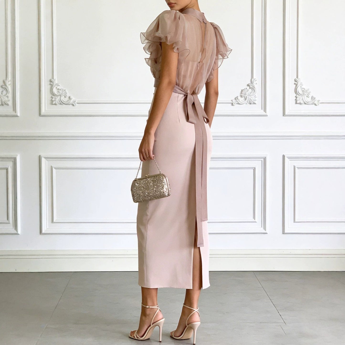 Fashionable Sheer Mesh Lace up Waist Controlled Top Strap Sheath Dress