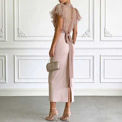 Fashionable Sheer Mesh Lace up Waist Controlled Top Strap Sheath Dress