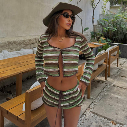 Women Sexy Knitted Striped Beach Bikini Swimsuit Blouse Sun Proof Skirt Set