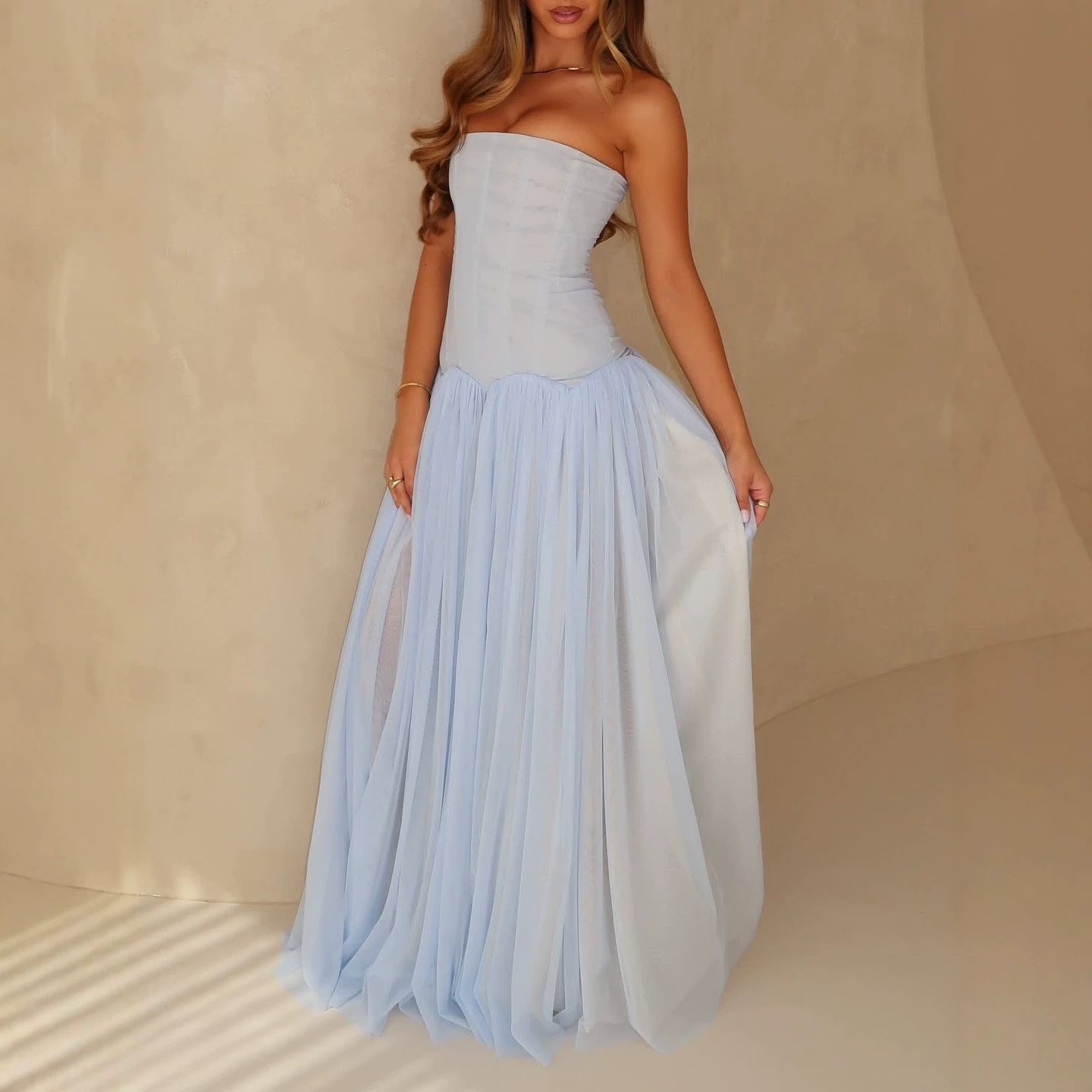Light Blue Mesh Tube Top Maxi Dress Beach Vacations Summer Women Flowy Ethereal Light Luxury Gown Wedding Photos