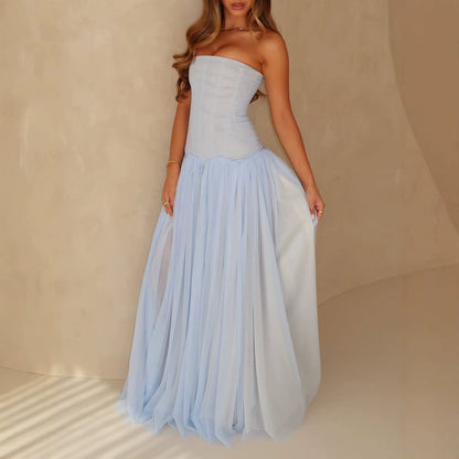 Light Blue Mesh Tube Top Maxi Dress Beach Vacations Summer Women Flowy Ethereal Light Luxury Gown Wedding Photos
