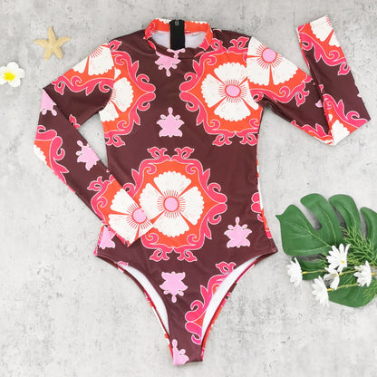 Printed Long Sleeve Zipper Surfing One Piece Swimsuit
