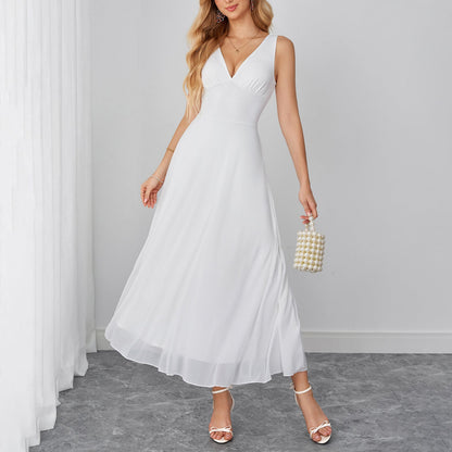 Dignified Goddess Mesh Camisole Dress Sexy V neck Backless Waist Trimming Slimming Dress