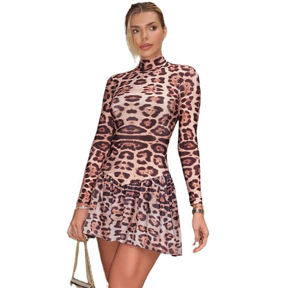 Women Autumn Printed Sexy Slim Fit Leopard Print Long Sleeve Dress