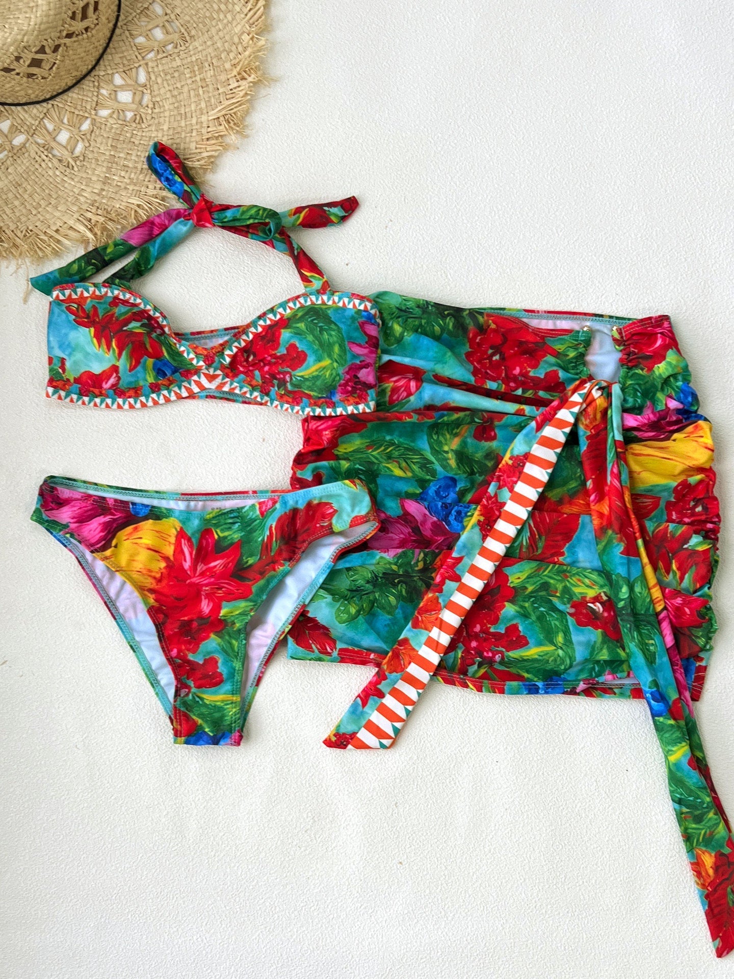 Vintage Floral Printed Split Swimsuit Hip Skirt Three Piece Sets Women Sexy