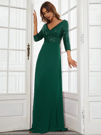 Middle East Women Chiffon Double V neck Dress A line Large Hem Sequin Stitching Evening Dress