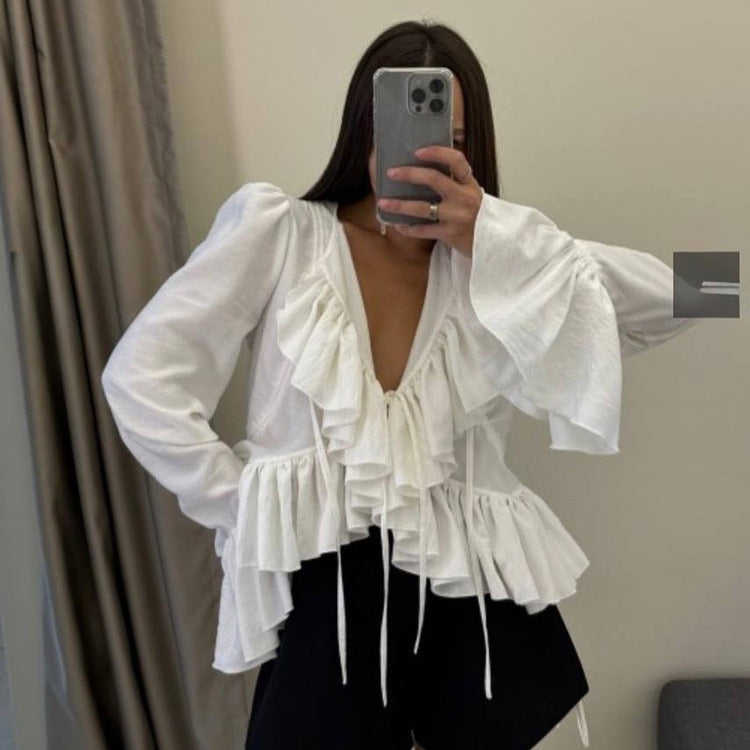 Women Clothing Spring Ruffled Flare Sleeve Tie Neck Top All Matching Shirt