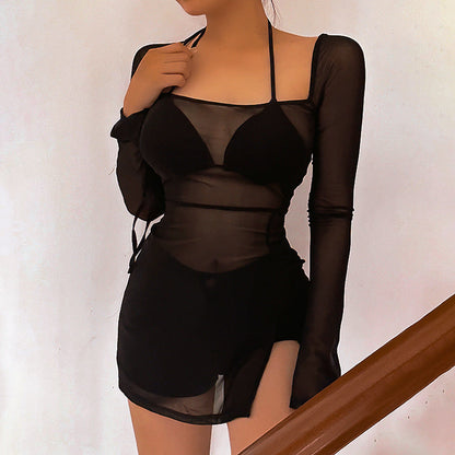 Summer Women Clothing Refreshing Slim Fit Square Collar Sexy Mesh See through Beach Cover Up Slim Fit Sexy