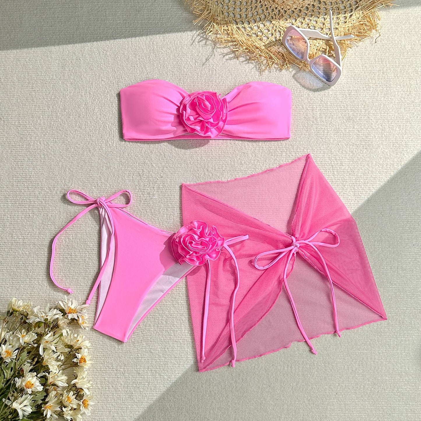 Bikini Sexy Three Piece Set Swimsuit Women Three Dimensional Big Floral Bikini Swimsuit