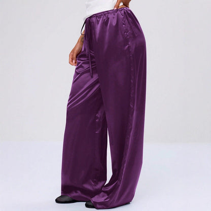 Women Clothing Trendy Autumn Satin Satin Casual Pants Loose Wide Leg Drawstring Long Pants