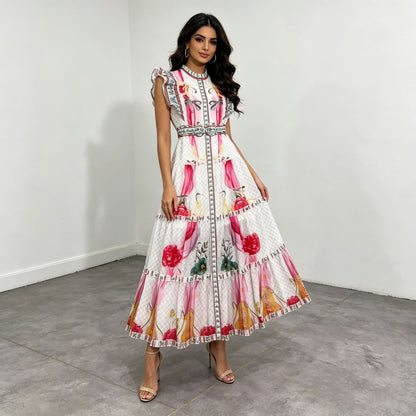 Retro Artistic Printed Dress Summer Stand Collar Ruffle Feifei Long Loose Dress Women
