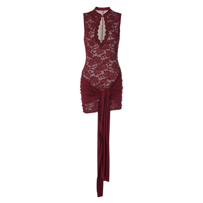 Women Clothing Lace Stitching Sleeveless Sexy Ribbon Slim Sheath Dress
