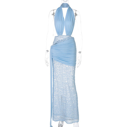 Women Clothing Spring Summer Sexy Lace Stitching Hollow Out Cutout Backless Halter Dress