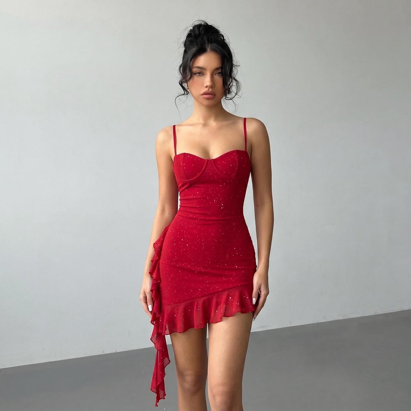 Red Sexy Sequin Sling Women Dress Slim Fit Ruffled Short Dress Party Dress
