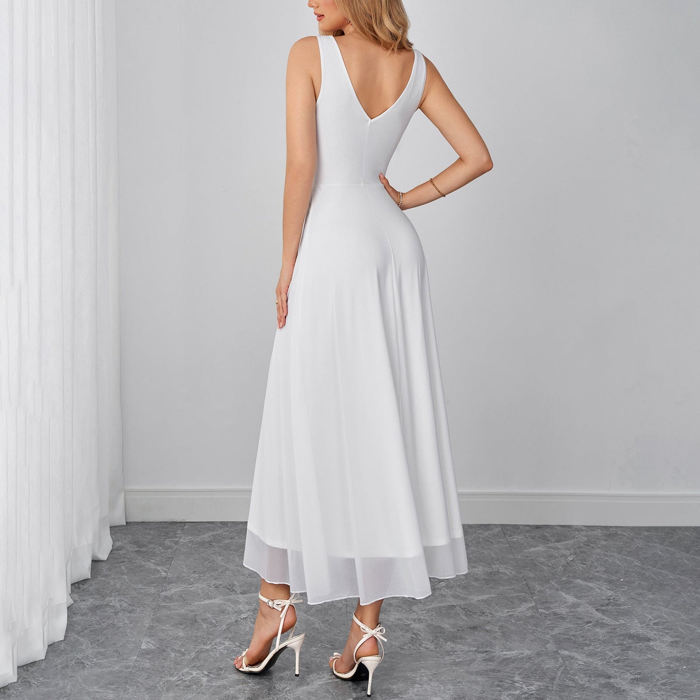 Dignified Goddess Mesh Camisole Dress Sexy V neck Backless Waist Trimming Slimming Dress