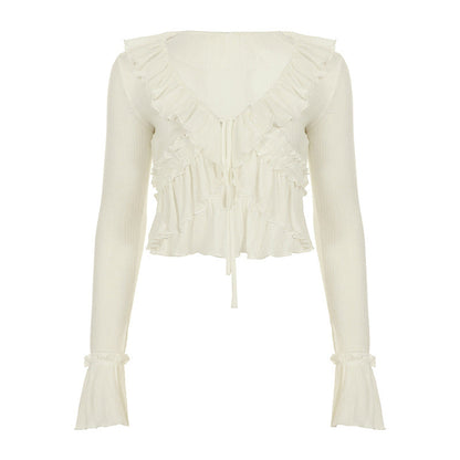 Women Streetwear Solid Color Semi See through Ruffled Tied Cardigan Irregular Asymmetric Long Sleeve V neck Blouse