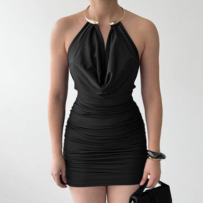 Women Clothing Summer Sleeveless Eyelet Halter Swing Collar Tight Dress