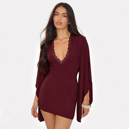 Women Clothing Autumn Solid Color Casual Lace Flared Long Sleeve Bodycon Dress