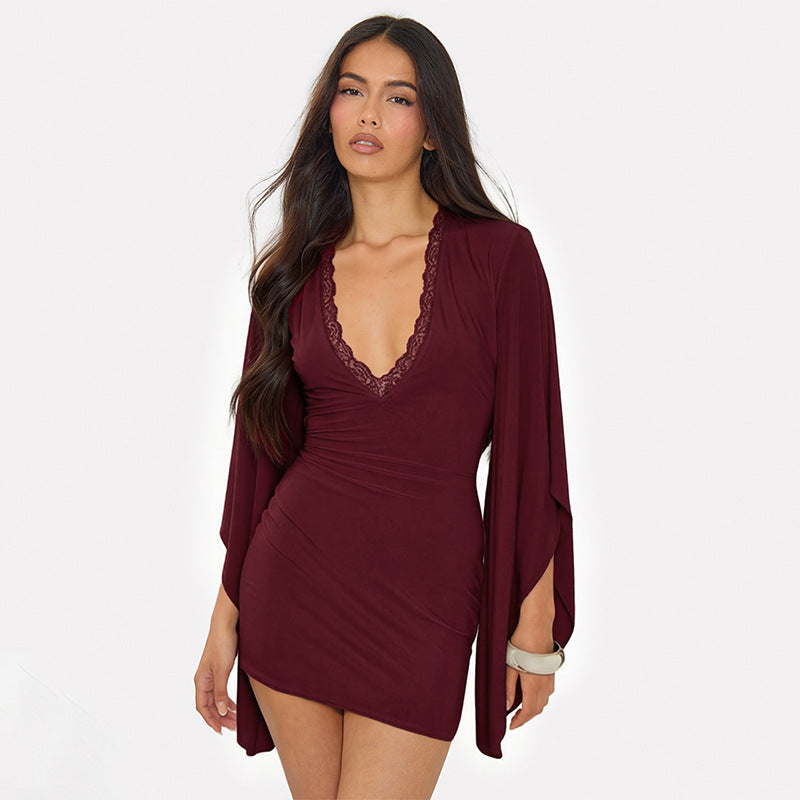 Women Clothing Autumn Solid Color Casual Lace Flared Long Sleeve Bodycon Dress