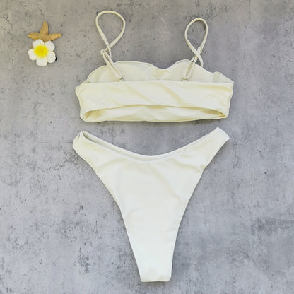 Tube Top with Diamond Solid Color Low Waist Bikini Sexy Split Swimsuit Bikini
