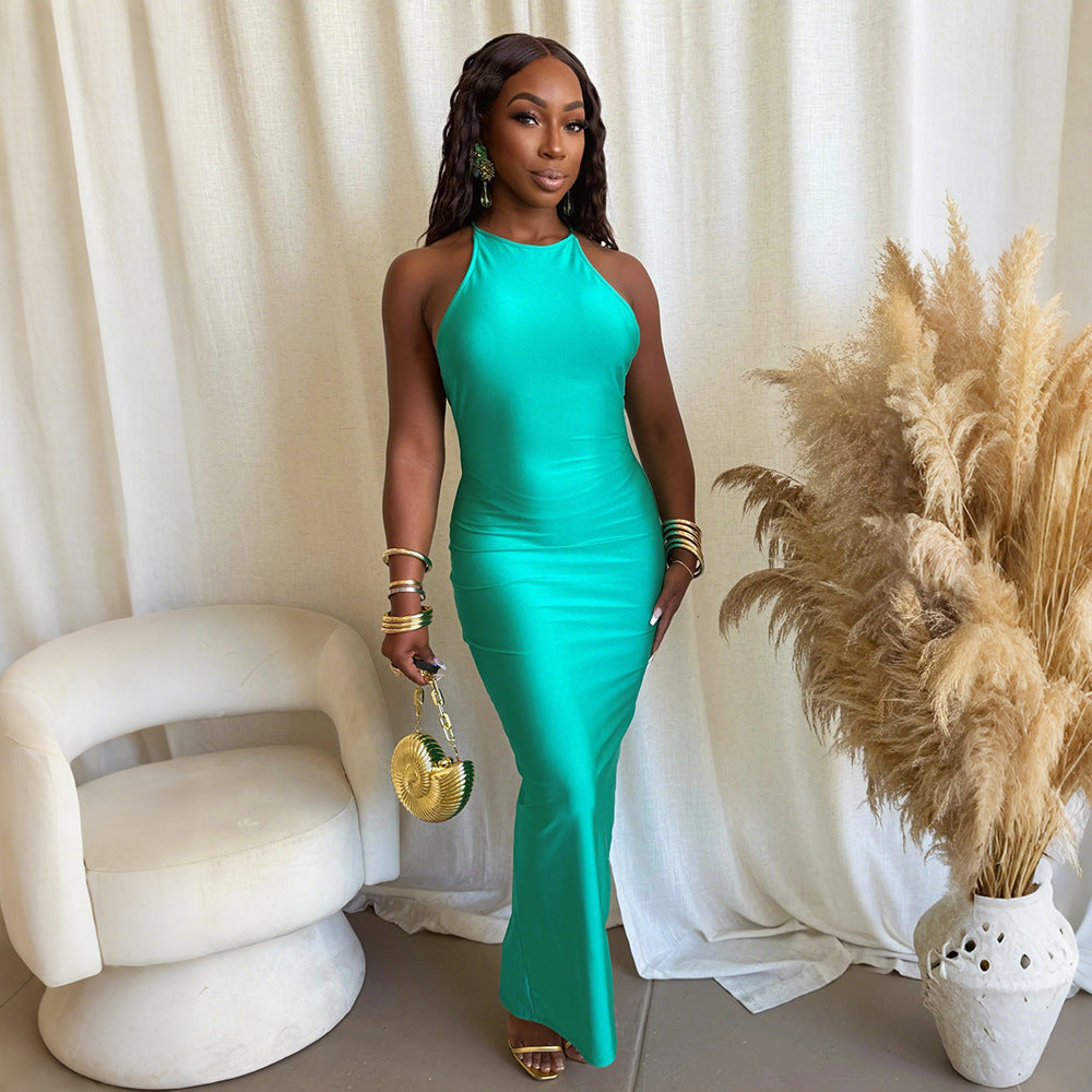 Women Slim Fit Halter Solid Color Long Dress