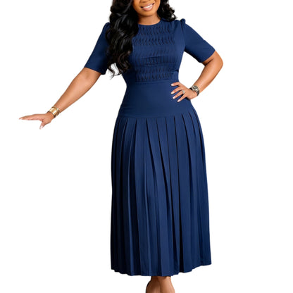 Women Clothing Pleated round Neck Stitching Pleated Dress