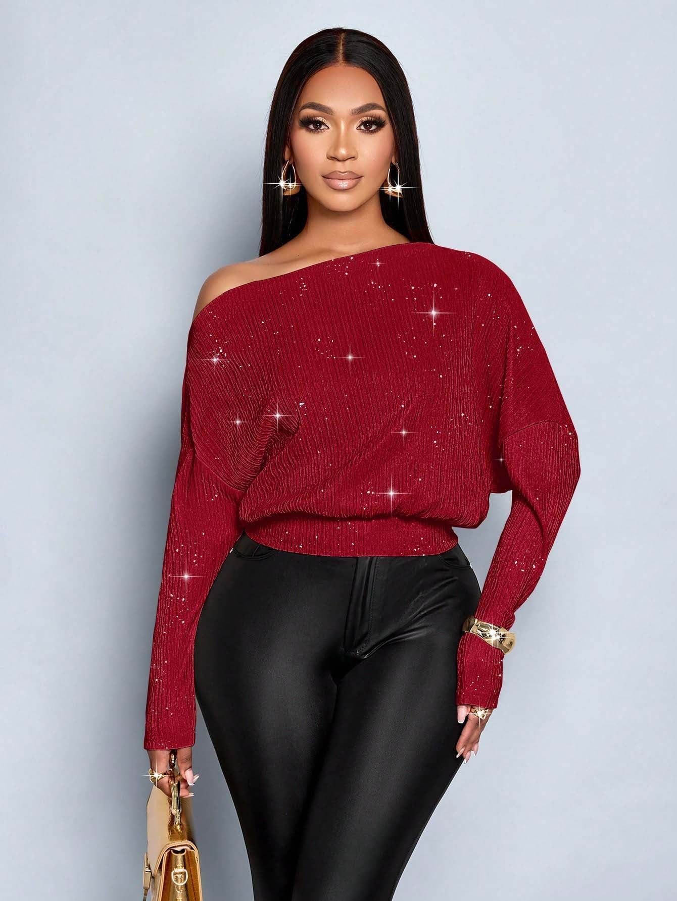 Sloping Shoulder off the Shoulder Sequ Loose Fitting Batwing Sleeve Waist Tight Sweater