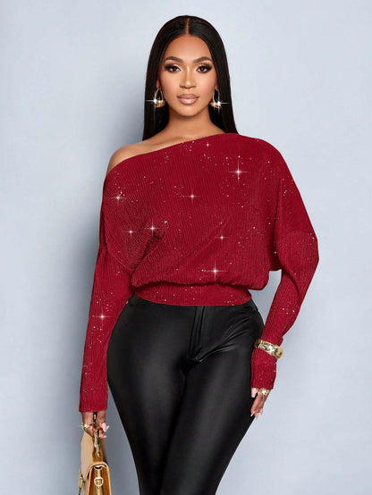 Sloping Shoulder off the Shoulder Sequ Loose Fitting Batwing Sleeve Waist Tight Sweater