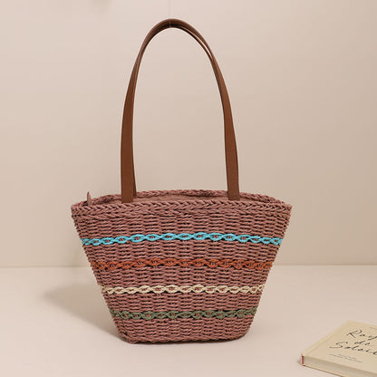 Colorful Striped Shoulder French Straw Bag Large Capacity Woven Bag Women Seaside Vacation Beach Bag