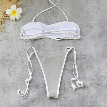 Halter Strap Solid Color Tube Top Low Waist Bikini Sexy Backless Briefs Split Swimsuit Women