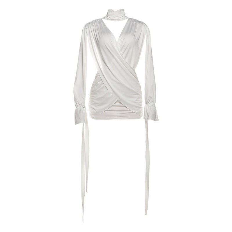 Autumn Winter Women Solid Color Sexy Hollow Out Cutout Long Sleeved Deep V Plunge neck Cross Stitching Hip Dress