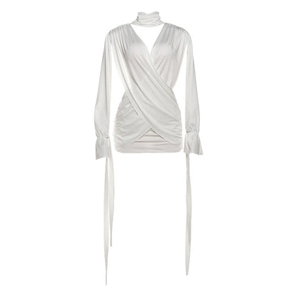 Autumn Winter Women Solid Color Sexy Hollow Out Cutout Long Sleeved Deep V Plunge neck Cross Stitching Hip Dress