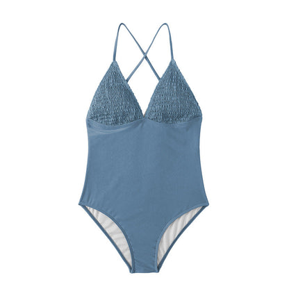 Solid Color V neck Triangle Cup Stylish Beach Swimsuit Tight Triangle One Piece Swimsuit