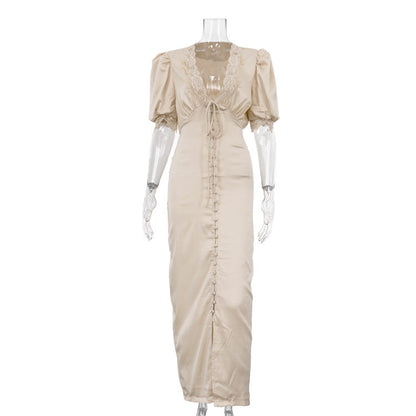 Lace Stitching Elegant Dress Summer Women Clothing V neck Puff Sleeve Single Breasted Sheath Dress