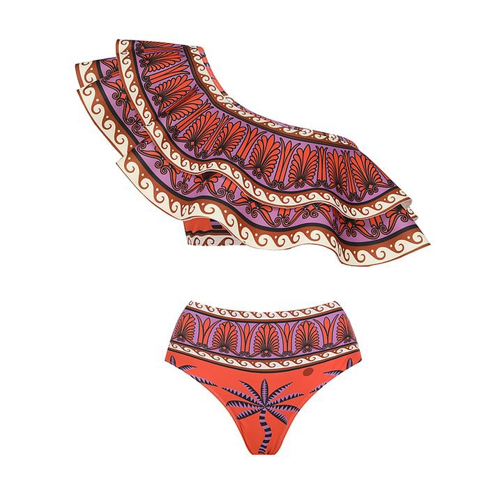 Shoulder Double Layer Flounced Printed Swimsuit Women High Waist Bikini