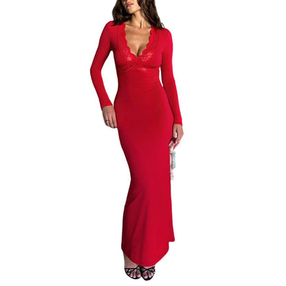Red V neck Lace Stitching Long Sleeved Slim Fit Sheath Fishtail Dress Elegant Sexy Dress