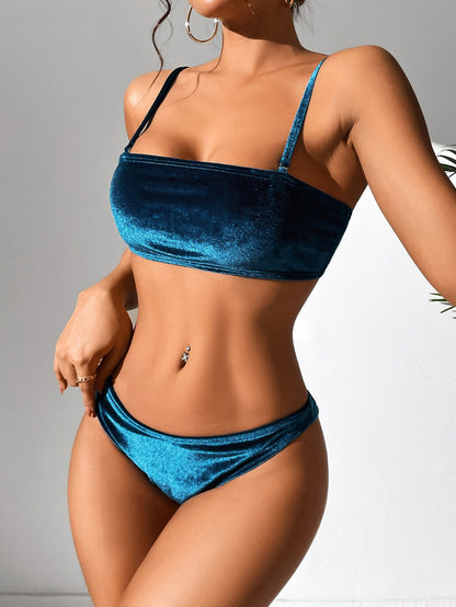 Solid Color Gold Velvet Sexy High Waist Split Bikini Swimsuit