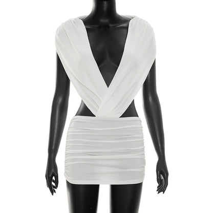 Women Clothing Summer Solid Color Sexy Deep V Plunge neck Sleeveless Backless Halter Pleated Dress